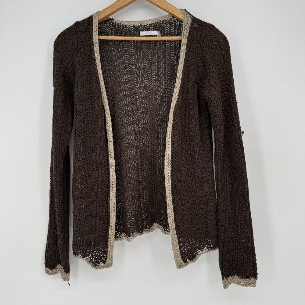 Pois Cardigan Brown Beige Trim Open Knit‎ Sweater Women's Small Made In Italy